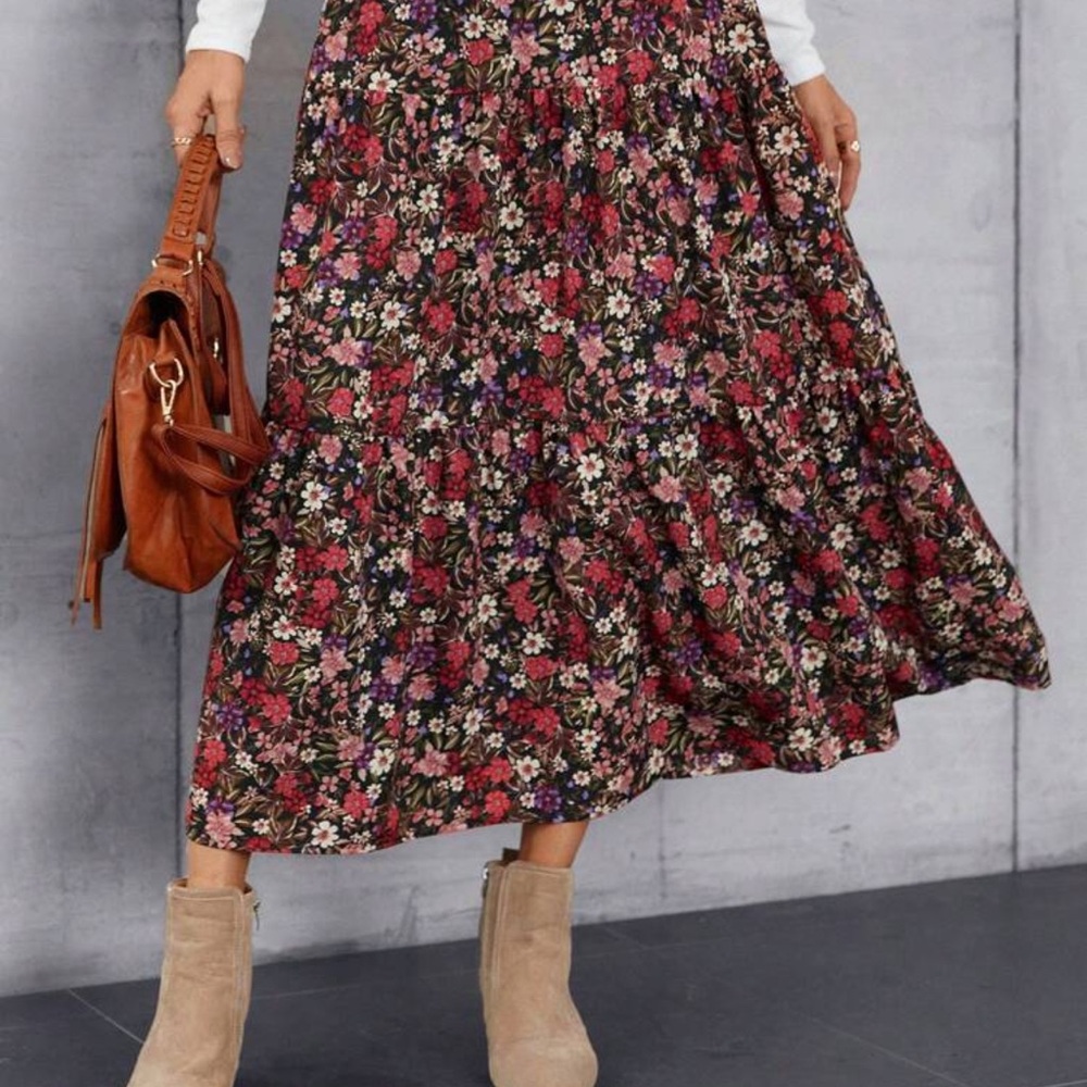SHEIN Black Tiered A-line Midi Skirt Casual
